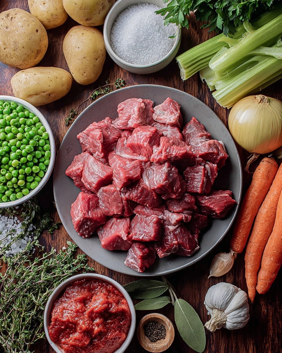 A gray round plate filled with chunks of raw red beef sits in the center on a dark wooden surface. Around it are four light brown potatoes in the upper left, a bunch of green celery with leaves in the upper right, three bright orange carrots below the plate, a white bowl of green peas on the left, a white bowl filled with bright red tomato paste on the bottom right, and fresh green parsley and thyme herbs scattered nearby. There is also a whole garlic bulb, a half white onion with its skin, some bay leaves, salt in a container, and ground black pepper in a wooden spoon. The photo taken with an iphone --ar 4:5 --v 7