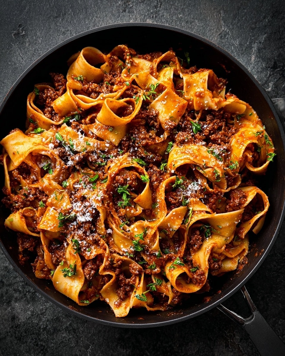 A black pan holds a thick layer of wide, flat pasta ribbons twisted and piled up, coated in rich brown meat sauce with bits of ground meat visible throughout. The pasta has a golden tan color with a slightly glossy texture. Green herb pieces are sprinkled on top, adding a touch of freshness. Small white cheese flakes are scattered over the dish for extra detail. The pan rests on a dark, slightly rough surface. Photo taken with an iphone --ar 4:5 --v 7