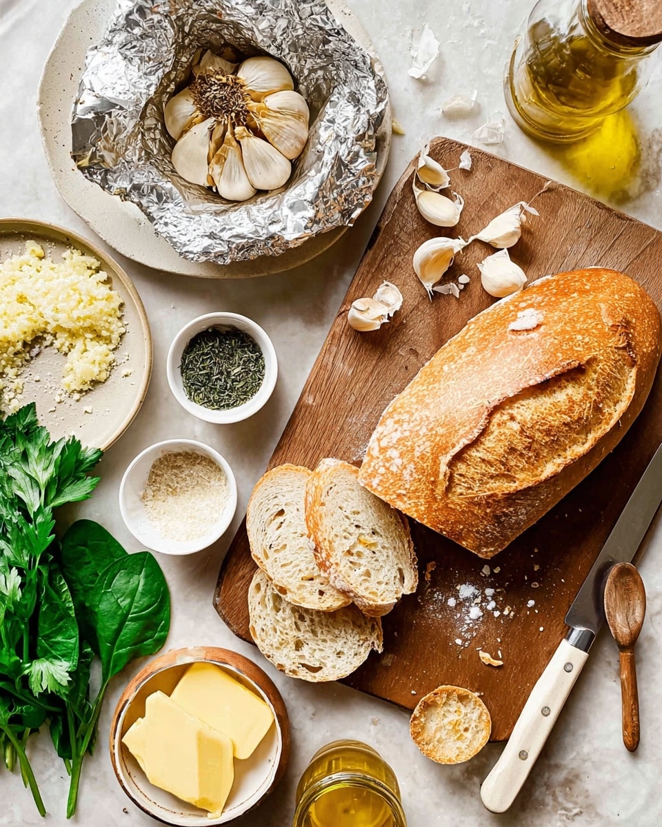 A loaf of golden brown bread with two deep oval cuts rests sliced on the right side of a wooden cutting board placed on a white marbled surface. To the left, an unwrapped head of roasted garlic is nestled in crinkled silver foil on a small white plate, with loose garlic cloves scattered nearby. Above it, a small bowl contains minced garlic next to a small knife with a cream-colored handle lying on the cutting board. Surrounding the board are several small white bowls: one holds dried green herbs, another filled with coarse white salt, and a third with grated cheese. Fresh green parsley leaves and spinach sit at the bottom left corner near a ceramic bowl filled with smooth yellow butter. A small jar with a tiny wooden spoon and a glass bottle of olive oil complete the arrangement. Photo taken with an iphone --ar 4:5 --v 7