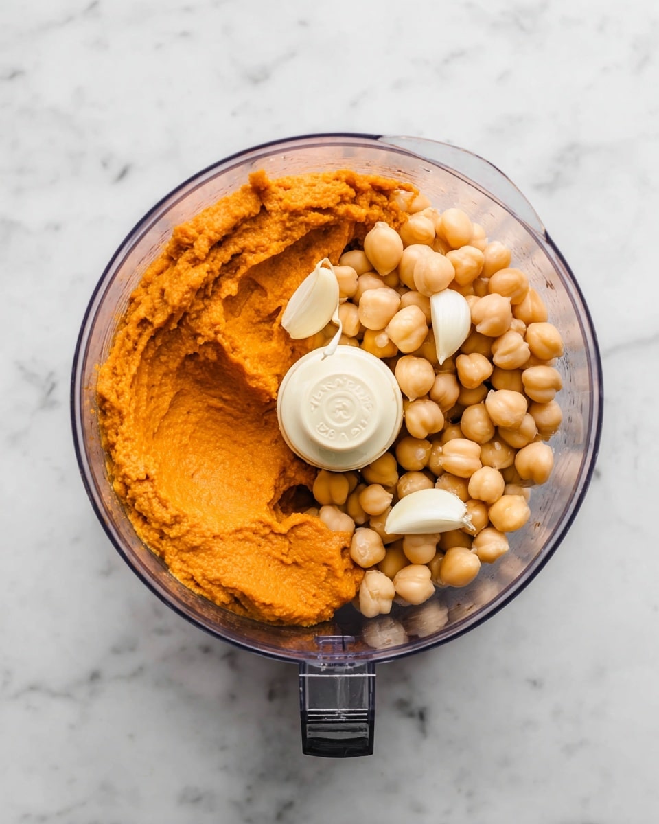 A clear food processor bowl shows three main layers inside: on the left side, there is a thick, bright orange puree with a smooth yet slightly textured surface; on the right side, pale beige chickpeas with round, smooth shapes fill the space; on top of the chickpeas, two whole garlic cloves with a white color and smooth surface rest close to the middle. The bowl is placed on a white marbled surface with soft veins. Photo taken with an iphone --ar 4:5 --v 7