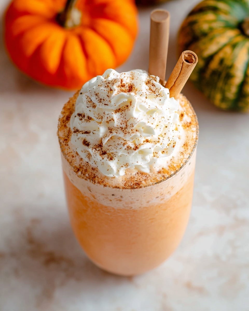 A tall glass filled with a creamy orange drink has two visible layers: a smooth, light orange base layer and a top layer of white whipped cream. The whipped cream is fluffy and swirled with specks of brown spice sprinkled over it. A thick light brown straw comes out from the whipped cream on one side. The glass is seen from above on a white marbled surface, with blurry round orange and green pumpkins in the background. Photo taken with an iphone --ar 4:5 --v 7