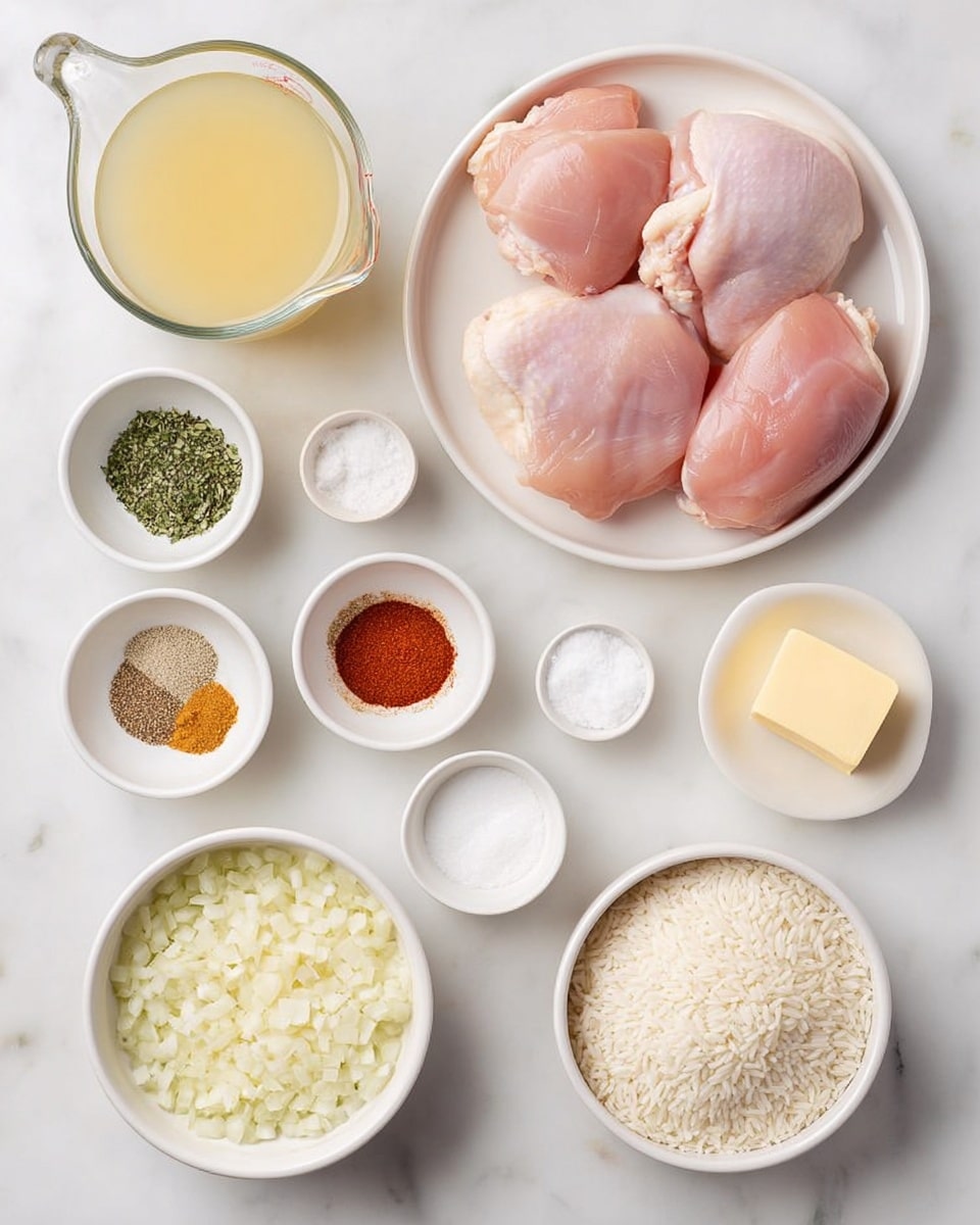 The image shows many white bowls and one white plate arranged neatly on a white marbled surface. The white plate in the top right is filled with four raw pink chicken thighs. On the bottom right, a white bowl holds two raw pink chicken thighs. Around them, there are small white bowls with finely chopped white onions, minced pale yellow garlic, mixed green dried herbs, a light brown powder (pepper), a light brown powder (paprika), white grains (salt), and a creamy white liquid. There is a glass measuring cup filled with a pale yellow liquid (broth or juice), a small white bowl with golden honey, a square of pale yellow butter in a white bowl, and another white bowl with uncooked white rice. All items are evenly spaced on the white marbled surface. photo taken with an iphone --ar 4:5 --v 7