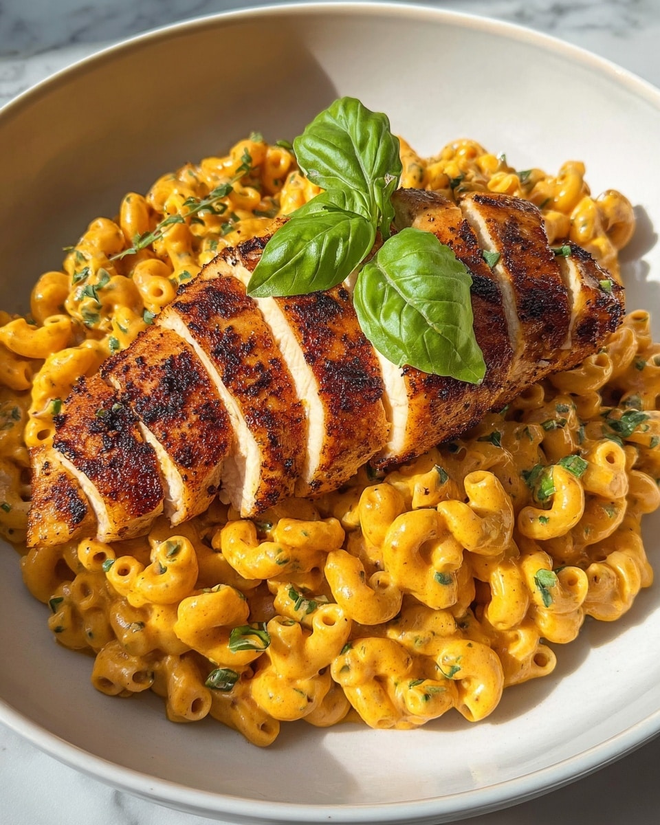 A white plate holds two main layers: the bottom layer is creamy macaroni pasta coated in an orange cheese sauce with small green herb bits scattered throughout, giving it a slightly speckled look; on top lies a sliced golden-brown grilled chicken breast arranged neatly in a row, showing the juicy texture inside, with a fresh green basil leaf placed in the center for garnish; the plate sits on a white marbled surface. Photo taken with an iphone --ar 4:5 --v 7