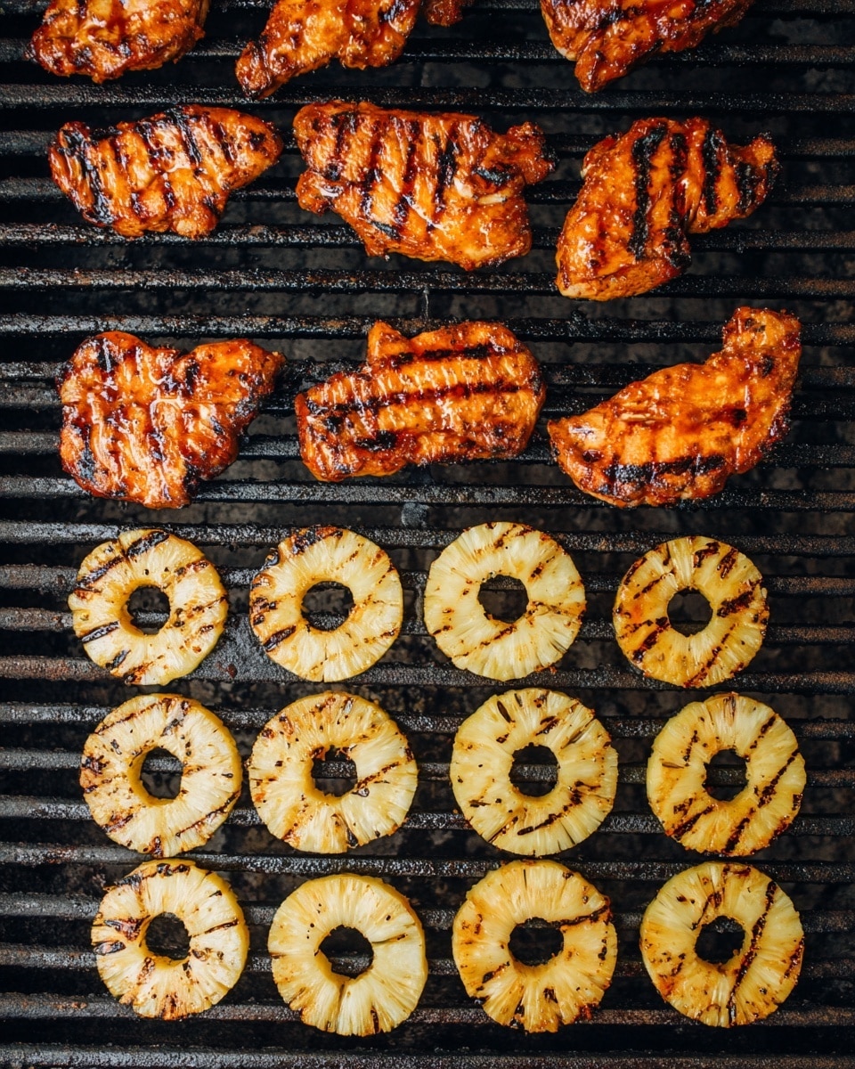 On a grill with dark metal bars, there are seven pieces of grilled meat arranged mostly in the top half of the image, each piece showing a shiny orange glaze with dark grill marks and some charring, giving a textured and slightly glossy look. Below the meat, in the lower half of the grill, there are three rows of round pineapple rings, all with visible grill marks that create brown lines across their pale yellow flesh. The grill surface beneath the food has a rough, heat-used appearance with some ash and discoloration. photo taken with an iphone --ar 4:5 --v 7