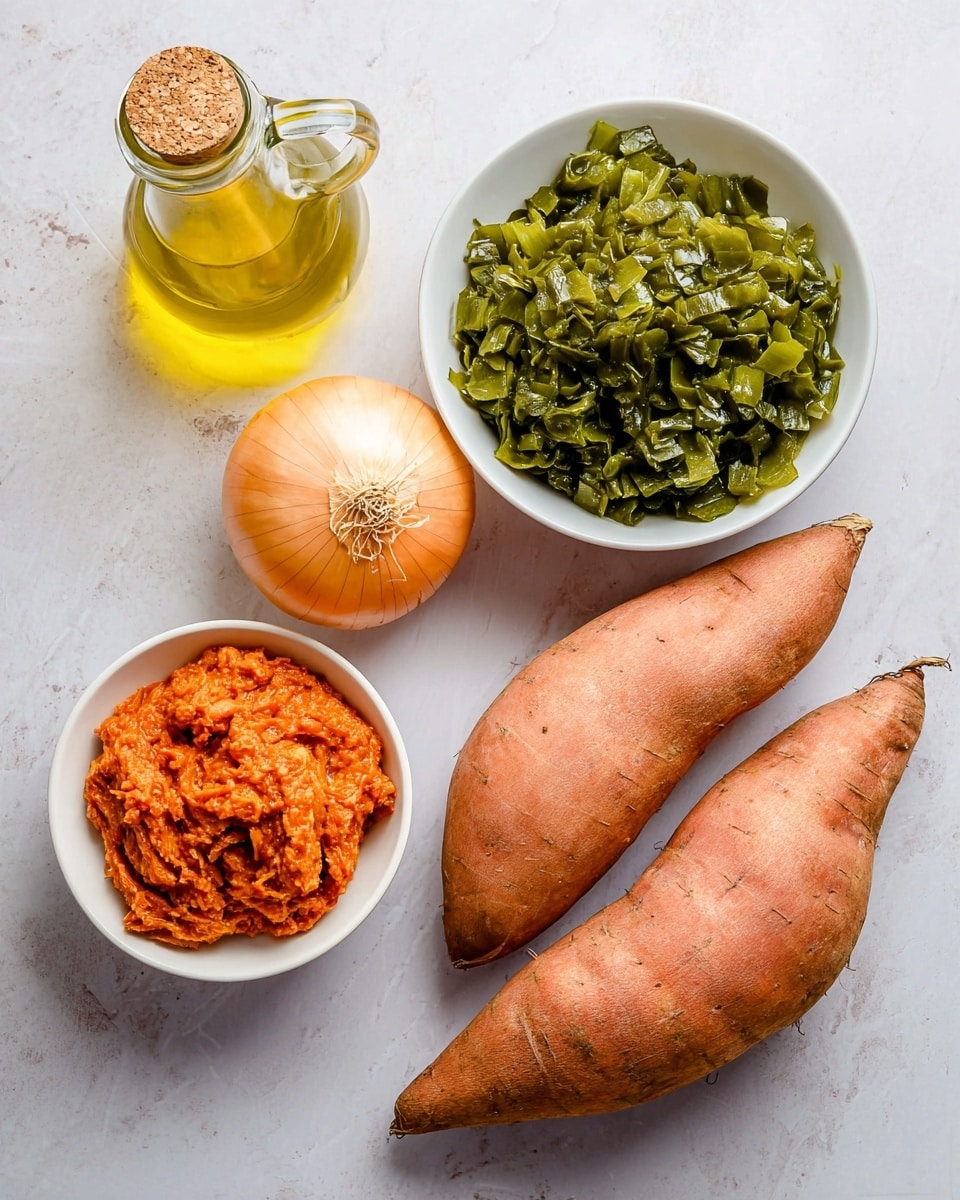 The image shows a flat lay of raw ingredients arranged on a white marbled surface. There are three whole sweet potatoes on the right side with smooth, brownish-orange skin. Near the center left, there is a whole yellow onion with dry skin and a root end. Above the onion is a clear glass bottle filled with golden oil, topped with a cork. On the top right, a white bowl holds chopped green leafy vegetables that appear wet and glossy. At the bottom left, another white bowl contains a reddish-orange paste with a thick, fibrous texture. photo taken with an iphone --ar 4:5 --v 7