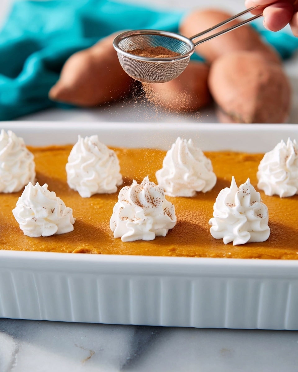 A white rectangular dish filled with one even layer of smooth orange pumpkin pie filling topped with seven dollops of white whipped cream, each dollop having a fluffy, swirled texture. A woman's hand holds a small metal sieve above the dollops, dusting a light layer of brown cinnamon powder onto the whipped cream. The dish sits on a white marbled surface with a turquoise cloth visible on the left side and some blurred sweet potatoes in the background. Photo taken with an iphone --ar 4:5 --v 7
