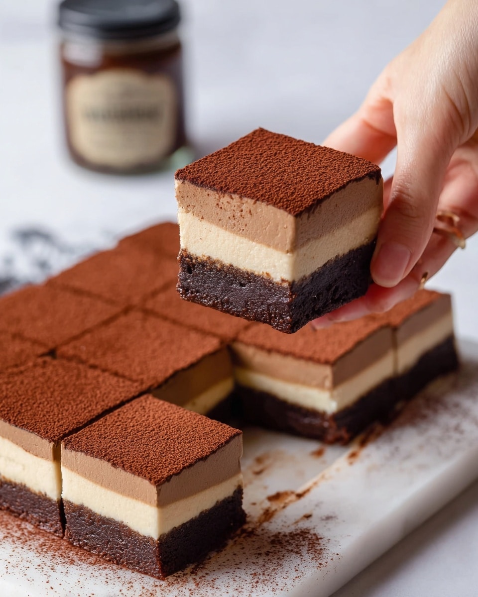 A close-up of a woman's hand holding a square piece of dessert with three distinct layers: a dark brown, thick, moist-looking bottom layer, a smooth, light beige middle layer, and a dark brown top layer dusted evenly with cocoa powder. The dessert piece is lifted above a white marbled surface where the rest of the dessert is cut into equal square pieces, showing the same three layers with a slightly irregular cocoa powder dusting around the edges. A jar with a dark lid is blurred in the background. Photo taken with an iphone --ar 4:5 --v 7