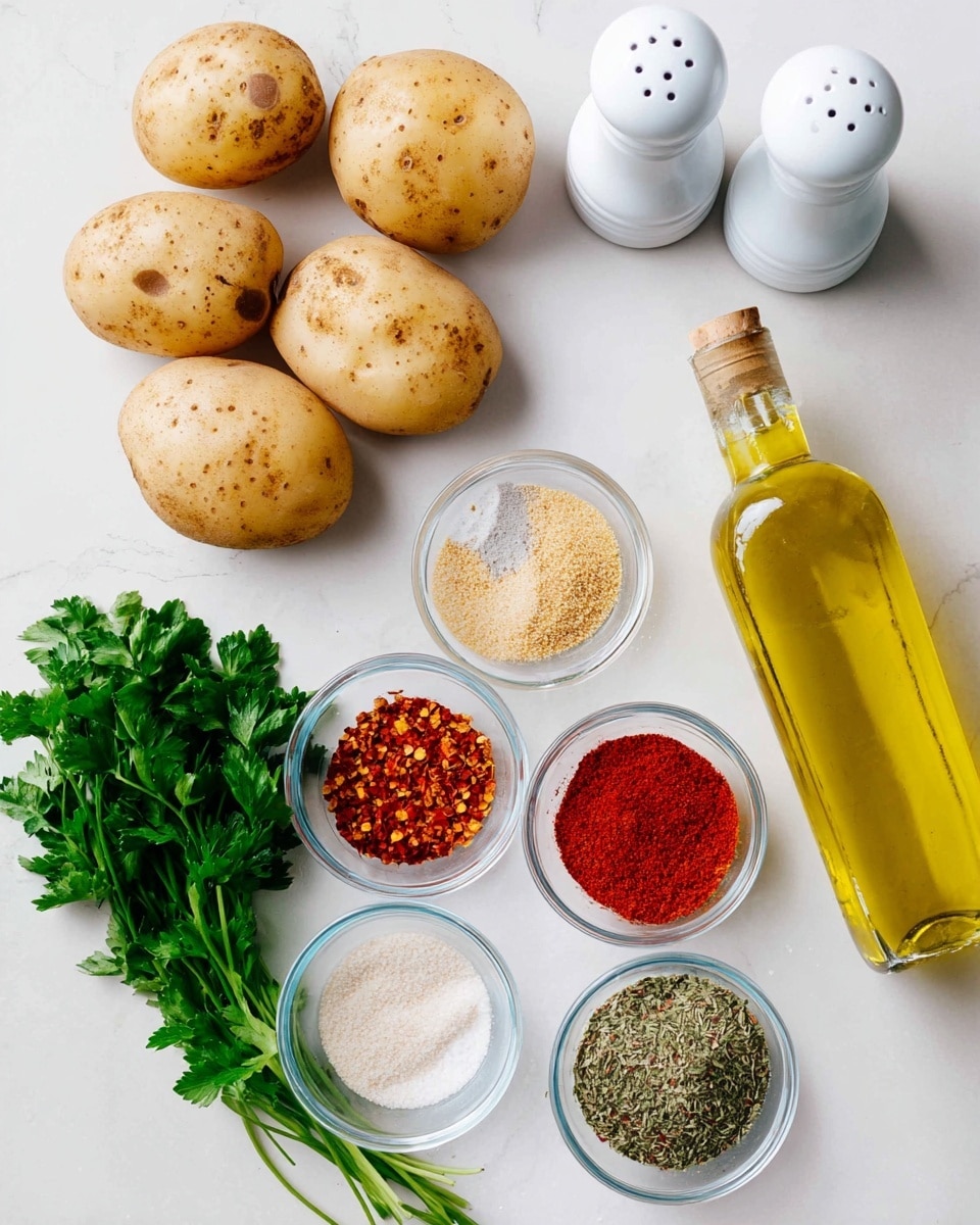 The image shows five light brown potatoes with natural spots placed on a white marbled surface at the left side. At the top center, there are two white salt and pepper shakers. To the right of the shakers, there is a clear glass bottle filled with yellow olive oil, topped with a white lid. Below the bottle, the bright green parsley leaves add a fresh touch. In the middle part, there are five small clear glass bowls and white spoons filled with different spices: light brown powder, red crushed chili flakes, off-white granules, bright red powder, and mixed dried herbs. The arrangement is neat and colorful, highlighting the natural textures and colors of the ingredients. photo taken with an iphone --ar 4:5 --v 7
