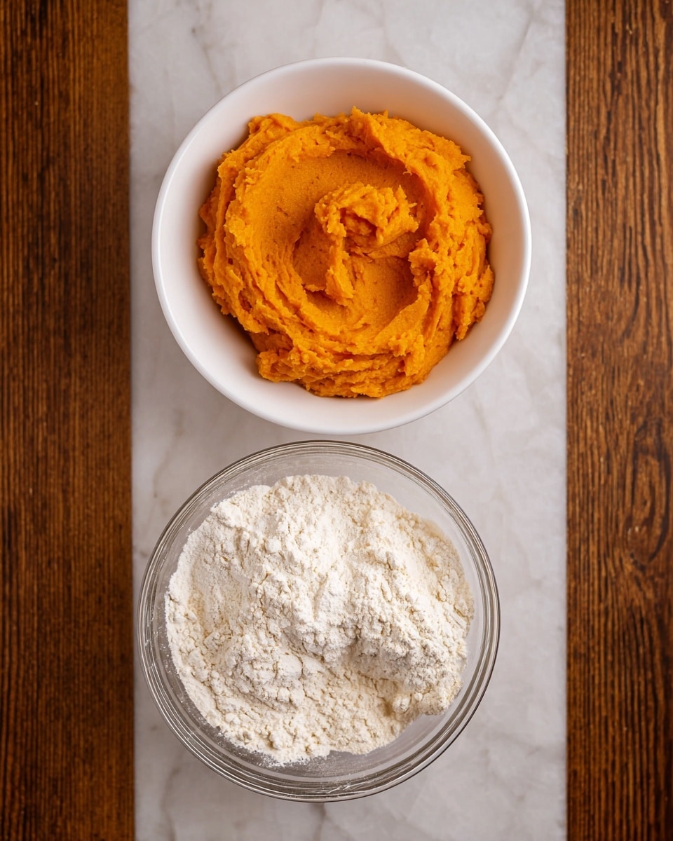 The image shows two bowls placed on a white marbled surface. The top bowl is white and filled with bright orange mashed sweet potatoes that have a thick, slightly textured appearance with some peaks and swirls. The bottom bowl is clear glass and contains white flour with a slightly cracked surface texture, showing some small clumps and loose powder around the edges. Photo taken with an iphone --ar 4:5 --v 7