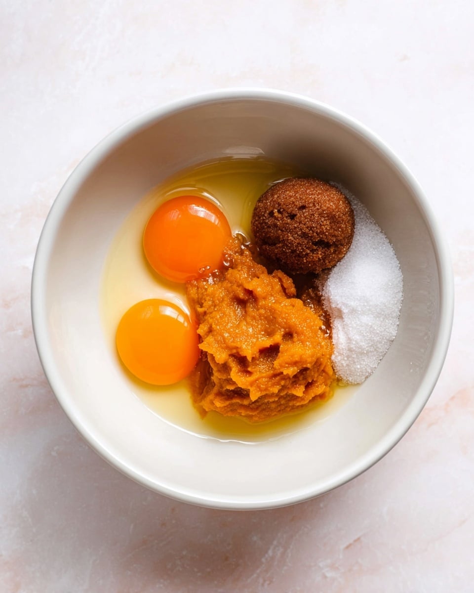 A white bowl sits on a white marbled surface, holding six ingredients layered simply inside: two bright orange egg yolks on the left side, a mound of thick orange pumpkin puree in the center, a dark brown ball of brown sugar right above the pumpkin puree, a white pile of granulated sugar to the right, and a clear pool of liquid, likely oil, surrounding these ingredients. The texture contrasts from smooth and shiny eggs to dense pumpkin and coarse sugar, all visible in the clean, white bowl photo taken with an iphone --ar 4:5 --v 7
