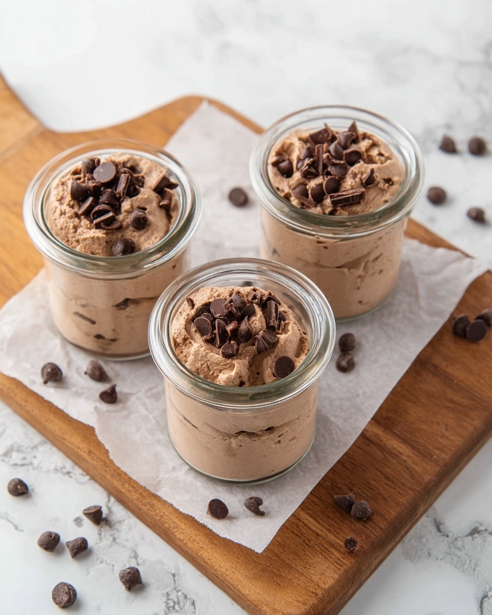 Three clear glass jars are filled with a creamy, light brown chocolate mousse topped with dark chocolate chips and small chocolate pieces. Each jar has one main mousse layer with a soft, smooth texture and chocolate pieces scattered on top. They are placed on a white sheet of parchment paper on a wooden board with a handle. Around the board are some loose dark chocolate chips, and the background surface is white with a marbled texture. photo taken with an iphone --ar 4:5 --v 7