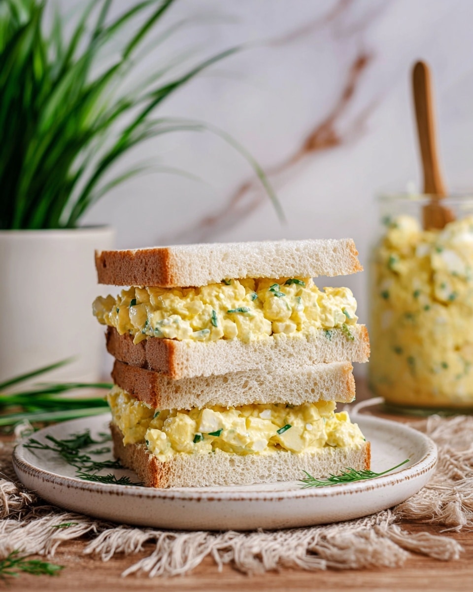 The image shows a stack of three sandwiches placed on a white plate with a rough edge. Each sandwich has two layers of soft white bread with a creamy, chunky yellow and white egg salad filling mixed with green herbs in the middle. The sandwiches are set on a beige cloth with frayed edges, which rests on a wooden surface. In the background, there is a green plant with long leaves and a glass jar filled with more egg salad with a wooden spoon inside. The surface under everything has a white marbled texture. Photo taken with an iphone --ar 4:5 --v 7