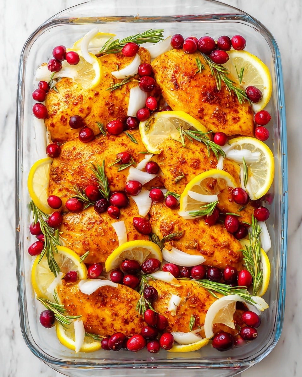 The image shows a clear glass dish filled with six pieces of orange-colored, seasoned chicken arranged in two rows. On top of the chicken layers, there are scattered white onion chunks, bright red cranberries, and green rosemary sprigs. Thin yellow lemon slices are placed evenly around the dish, some resting directly on the chicken. The dish sits on a white marbled surface, giving a clean and elegant look. The colors of orange chicken, red cranberries, green rosemary, white onions, and yellow lemon slices create a fresh and vibrant contrast. photo taken with an iphone --ar 4:5 --v 7
