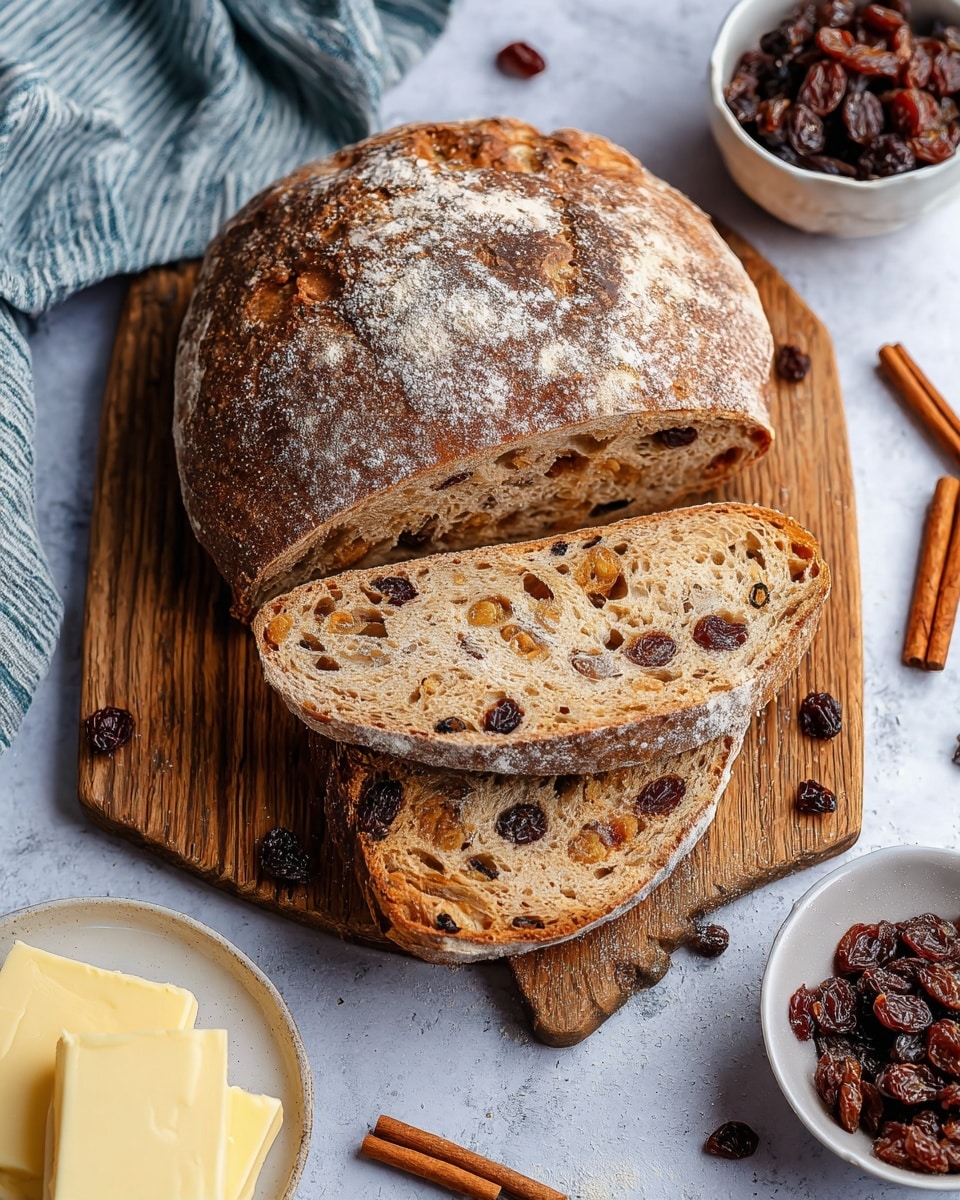 The image shows a round loaf of brown raisin bread with a rough, crusty top dusted lightly with flour, placed on a wooden board with three slices cut and stacked below the loaf. The bread slices reveal a soft, porous interior filled with dark raisins. Around the board are scattered raisins and two cinnamon sticks near the right side. On the top right corner is a white bowl filled with raisins, and on the bottom left is a piece of white plate holding sliced butter. The background is a white marbled texture with a blue and white striped cloth draped partially on the top left corner. Photo taken with an iphone --ar 4:5 --v 7