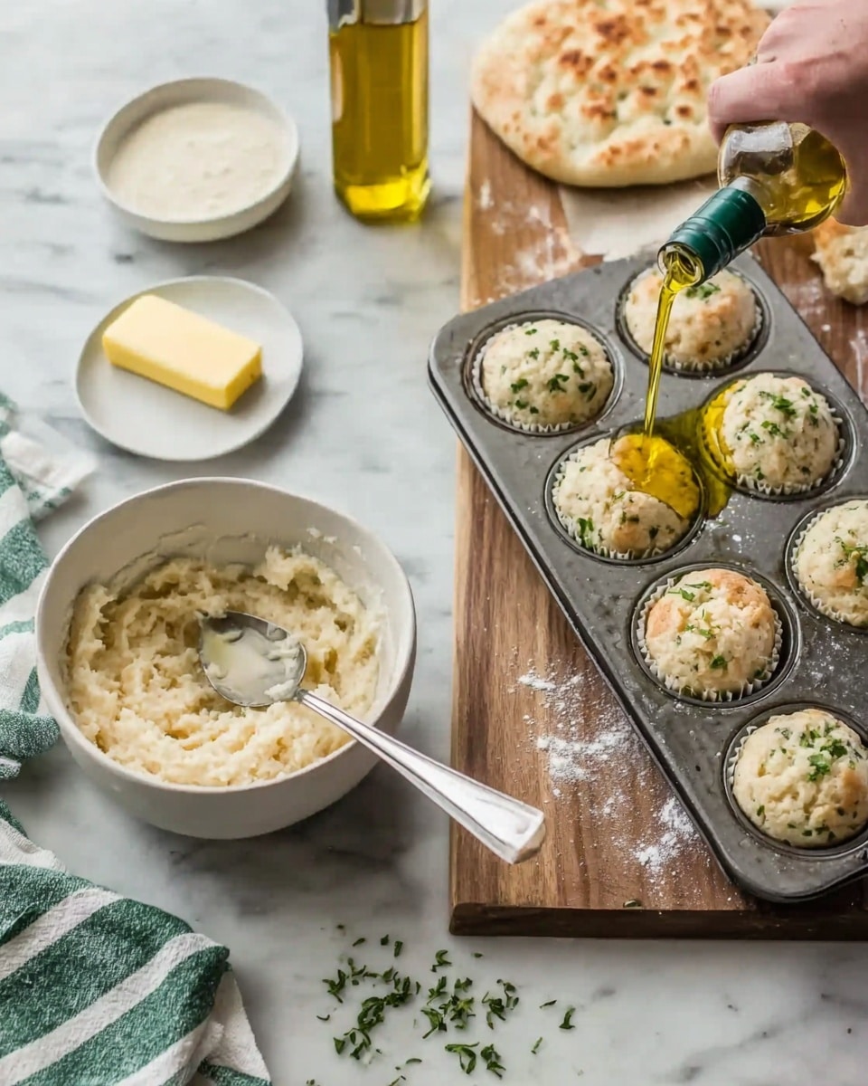 The image shows two scenes side by side on a white marbled surface. On the left side, there is a white bowl filled with a creamy mixture that has a slightly lumpy texture, with a spoon resting inside it. Next to the bowl, there is a small white plate holding a dollop of pale yellow butter. A striped green and white cloth is draped near the bowl, and in the background is part of a loaf of bread and a bottle of olive oil. On the right side, a white woman's hand is pouring golden olive oil over six round dough balls mixed with green herbs, all placed in a metal muffin tray on a wooden board. Behind the tray, there is a flatbread sitting on a tray. Small chopped herbs and a few flour spots are scattered lightly on the white marbled surface. photo taken with an iphone --ar 4:5 --v 7