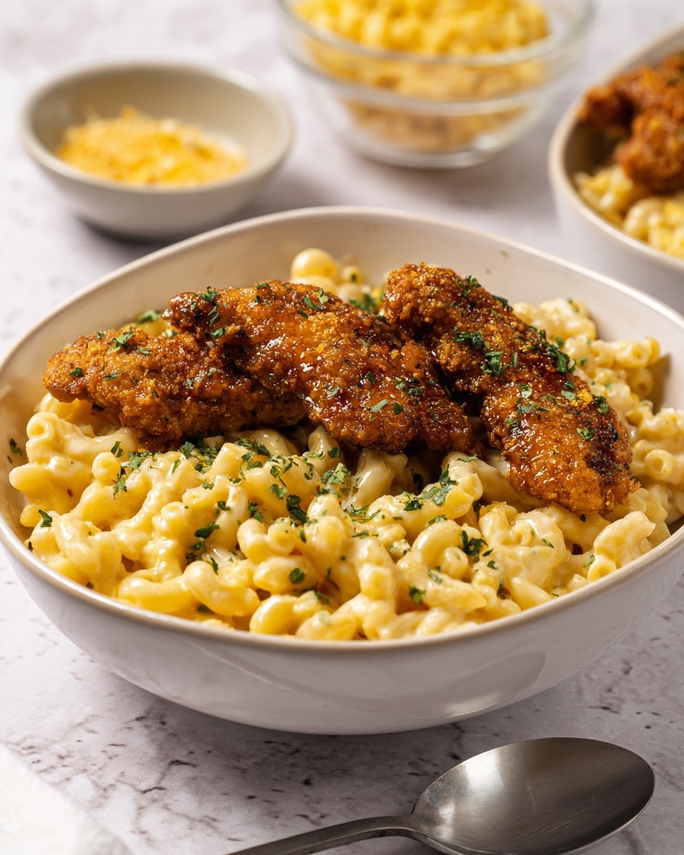 The image shows a white shallow bowl filled with two layers: the bottom layer is creamy yellow macaroni and cheese with small elbow pasta, textured and soft, while the top layer has three pieces of golden brown fried chicken tender strips, crispy and coated with a shiny sauce. Small green herb flakes are sprinkled over the chicken and macaroni, adding a fresh touch. The bowl sits on a white marbled surface, with a spoon placed slightly out of focus in front and blurred bowls of ingredients in the background. photo taken with an iphone --ar 4:5 --v 7