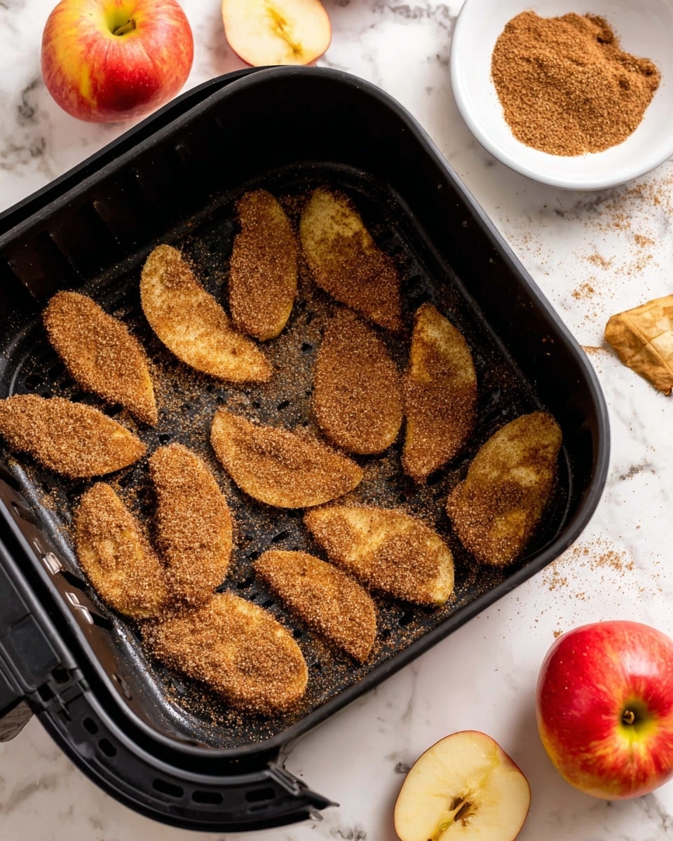 The image shows a black air fryer tray filled with about 15 apple slices covered in a cinnamon and sugar mix, giving them a rough brown coating. The apple slices are laid out in one layer across the tray, and some loose cinnamon sugar granules are scattered inside the tray and on the white marbled surface below. To the right of the tray, there is a whole shiny apple with a red and yellow skin. Behind the apple, a small white bowl contains a mound of cinnamon powder. Small pieces of apple and cinnamon sugar are scattered around on the white marbled surface. Photo taken with an iphone --ar 4:5 --v 7