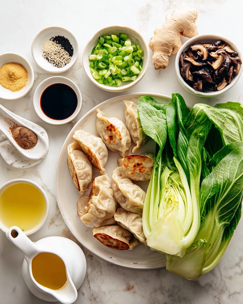 The image shows a white plate filled with light beige dumplings that have slightly browned spots, placed in the center right. To the right of the plate are two fresh green bok choy with water droplets on their crisp leaves. Above the dumplings is a small white bowl filled with bright green chopped spring onions. To the left side, there is a cluster of small white bowls and spoons on a white plate, containing black pepper, garlic cloves, light yellow ginger root, dark soy sauce, and a pale yellow oil with black specks. Below this is a white bowl with dark brown dried mushrooms. A small white jug with a golden-yellow liquid sits near the bottom left corner. The whole scene is arranged on a white marbled surface. Photo taken with an iphone --ar 4:5 --v 7