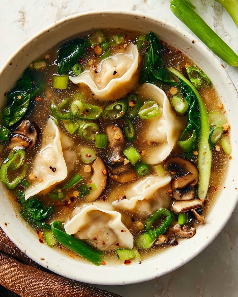 The image shows a white bowl filled with clear broth soup containing five light beige dumplings with soft, slightly wrinkled skins, floating near the center. Around the dumplings are dark brown sliced mushrooms, bright green chopped scallions, and long green leafy vegetables with stems, all mixed in the broth. Small black pepper flakes are sprinkled on top of the dumplings and broth. The bowl is placed on a white marbled textured surface, with a brown cloth partially visible near the bottom left corner. Photo taken with an iphone --ar 4:5 --v 7