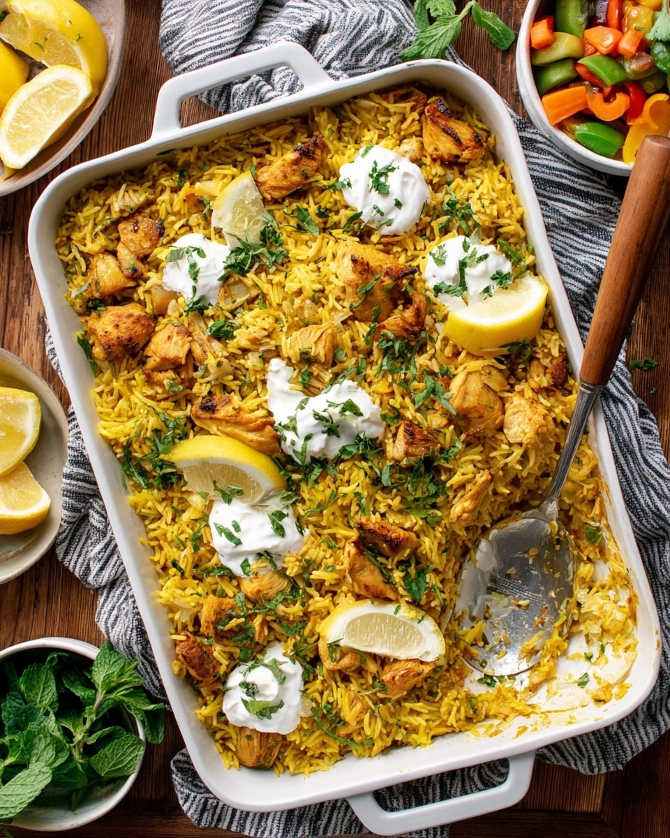 A rectangular white baking dish filled with yellow rice cooked with pieces of golden brown chicken mixed evenly throughout. The rice and chicken layer is topped with small dollops of white creamy sauce, scattered lemon wedges, and fresh green herbs sprinkled over the whole dish. A silver serving spoon with a wooden handle rests inside the dish, partially scooping out some rice and chicken. The dish is placed on a wooden surface with a striped cloth next to it, small bowls of green leaves and lemon wedges, and a white bowl with colorful mixed vegetables in the background. photo taken with an iphone --ar 4:5 --v 7