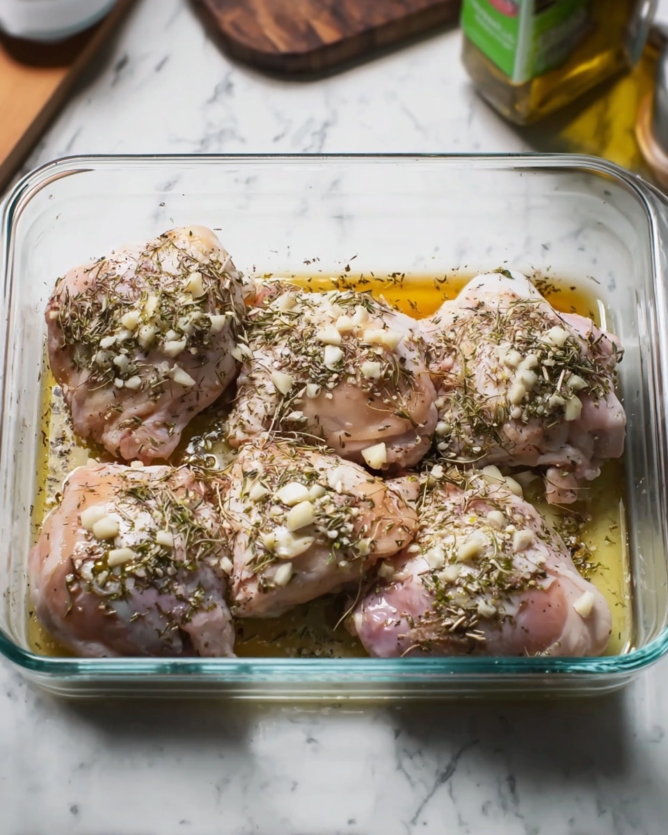 A glass baking dish holds five pieces of raw chicken thighs arranged in two rows, with three at the back and two in front. The chicken pieces show a pale pink and white color, covered with small bits of minced garlic and sprinkled with coarse black pepper and green dried herbs. There is a thin layer of shiny olive oil pooling slightly at the bottom of the dish. The dish is placed on a white marbled surface with various kitchen items in the background. photo taken with an iphone --ar 4:5 --v 7