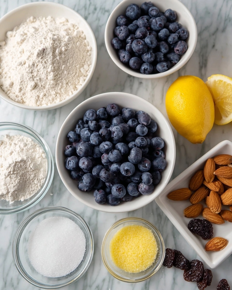 The image shows several white bowls and one clear glass bowl on a white marbled surface. In the center is a white bowl filled with dark blue and purple blueberries, while another smaller white bowl on the top left side also holds blueberries. The clear glass bowl on the bottom left side contains a white powdery flour. Next to it, a smaller white bowl holds white powdered sugar. To the right, there is a small clear glass bowl with yellow granules and a lemon half placed on it. A couple of lemon halves are behind this bowl near the top right corner. On the far right, a white square plate holds several almonds and some dark brown nuts scattered on it. Photo taken with an iphone --ar 4:5 --v 7