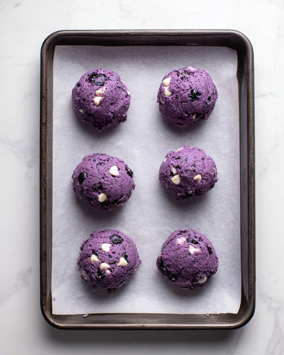 Five scoops of purple cookie dough with visible white chocolate chips and darker dried fruit bits are placed evenly on a baking tray lined with white parchment paper. The dough is round and textured, with a slightly rough surface showing mixed ingredients. The tray has a dark metal edge, contrasting with the light parchment and vibrant dough, all set against a white marbled surface. photo taken with an iphone --ar 4:5 --v 7