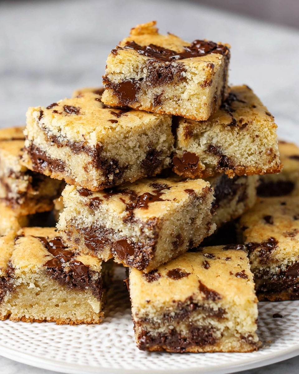 A close-up view of a single square piece of light golden cookie dough with many melted dark brown chocolate chunks inside and on top. The cookie looks soft and thick, showing a moist texture with a slightly rough top and sides. The bottom of the cookie sits on a thin black metal cooling rack with a white marbled surface blurred in the background. Photo taken with an iphone --ar 4:5 --v 7