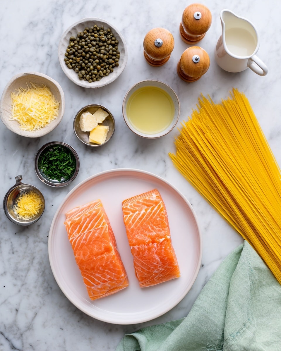 The image shows two pieces of bright orange salmon with visible white lines, placed side by side on a white plate near the bottom center. To the right, a neat bunch of uncooked yellow spaghetti rests horizontally, close to a small white bowl with light yellow liquid. Above the salmon, there is a small white bowl with green capers, and nearby are two wooden salt and pepper shakers. On the left side, several small bowls and metal cups hold various ingredients: thin light yellow cheese flakes, chopped green herbs, minced garlic, lemon zest, small amount of oil, and a small white pitcher with creamy white liquid. A folded light green cloth is at the far right on a white marbled surface. Photo taken with an iphone --ar 4:5 --v 7