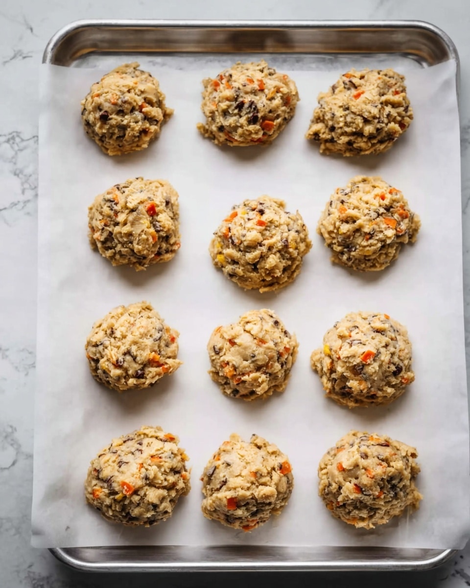 Nine uncooked cookie dough mounds sit evenly spaced on a white parchment paper-lined silver tray, resting on a white marbled surface. Each dough mound is textured and chunky, with small visible orange and brown bits mixed throughout the light beige batter. The dough shapes are round and roughly the same size, appearing soft and slightly sticky. Photo taken with an iphone --ar 4:5 --v 7