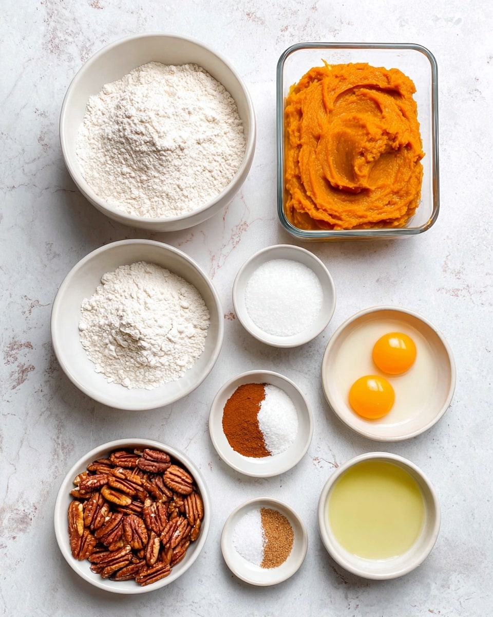 The image shows various baking ingredients arranged neatly on a white marbled surface. At the top left, there is a white bowl filled with white flour, next to it on the right is a clear rectangular glass container holding a smooth orange pumpkin puree. Below the flour is a white bowl full of granulated white sugar. To its right is a white bowl containing two raw eggs with bright yellow yolks and clear whites. Below these are two small white plates, the left one with ground cinnamon powder and the right one with cinnamon, white baking powder, and salt. At the bottom left is a white bowl filled with pecan nuts, and to the right of that is a small clear glass filled with a light yellow oil. All items are shown clearly with a soft overhead light, arranged in a tidy, organized way. Photo taken with an iphone --ar 4:5 --v 7