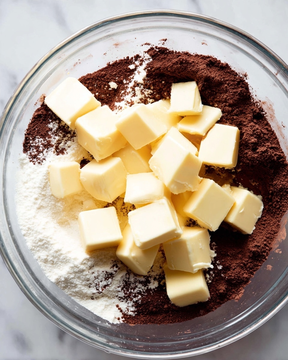 A clear glass bowl holds a mix of dark brown cocoa powder and white powdered sugar spread unevenly at the bottom, topped with multiple pale yellow chunks of butter scattered on top in a rough pile. The butter cubes have smooth, slightly soft surfaces, contrasting with the dry, powdery texture of the cocoa and sugar below. The bowl sits on a white marbled surface. photo taken with an iphone --ar 4:5 --v 7