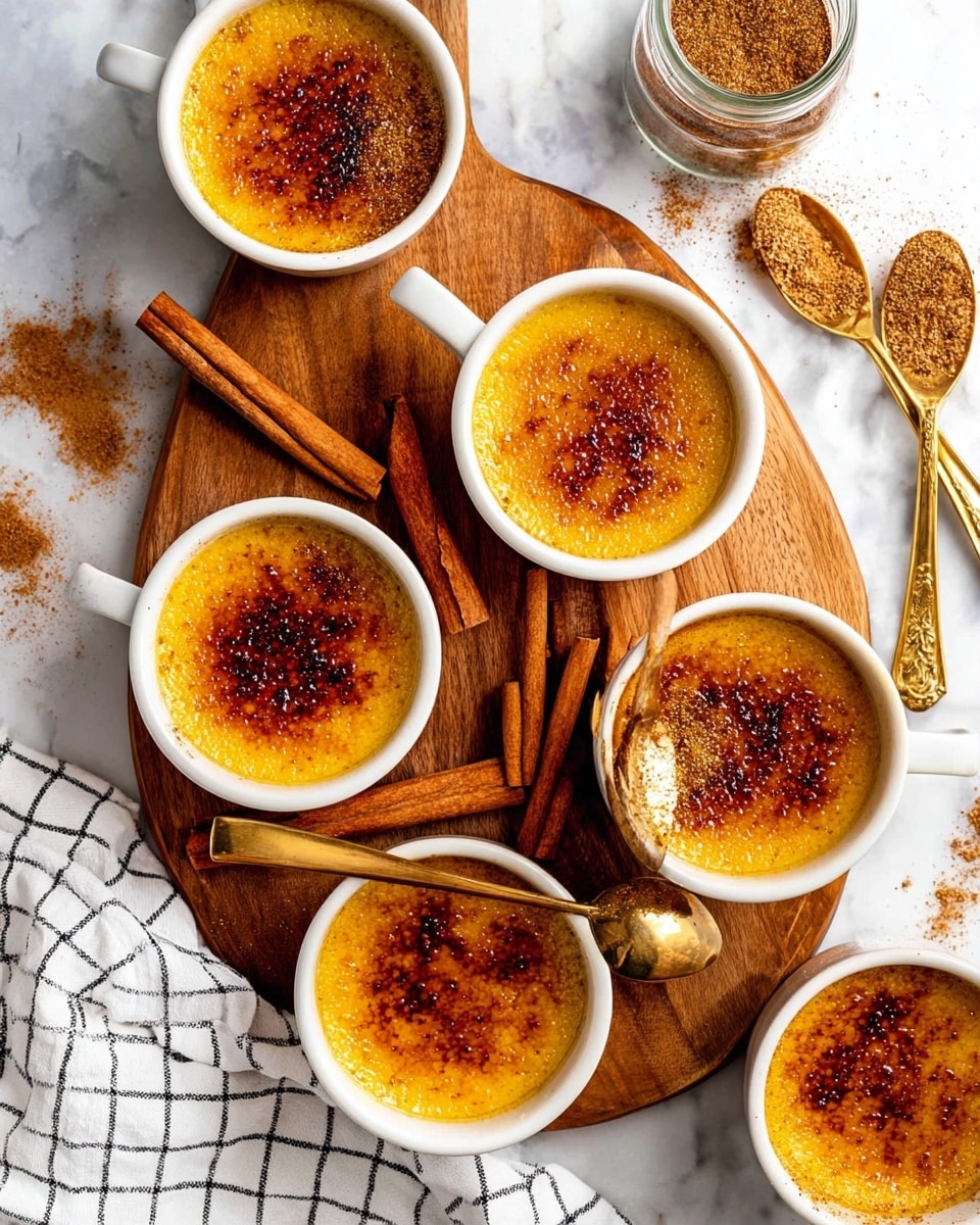 Six white ceramic cups filled with creamy caramel custard topped with a shiny, golden-brown caramelized sugar crust are arranged on a round wooden board over a white marbled surface. The custard shows a smooth yellow layer under the cracked, slightly burnt top where two golden spoons rest inside two cups, revealing the soft texture beneath. Around the cups, several cinnamon sticks lie on the wooden board, alongside a small glass jar filled with ground cinnamon. A white cloth with black grid lines is placed casually near the cups, and two more golden spoons rest on the white marbled surface nearby. The warm tones of the caramel and cinnamon create a cozy feeling photo taken with an iphone --ar 4:5 --v 7