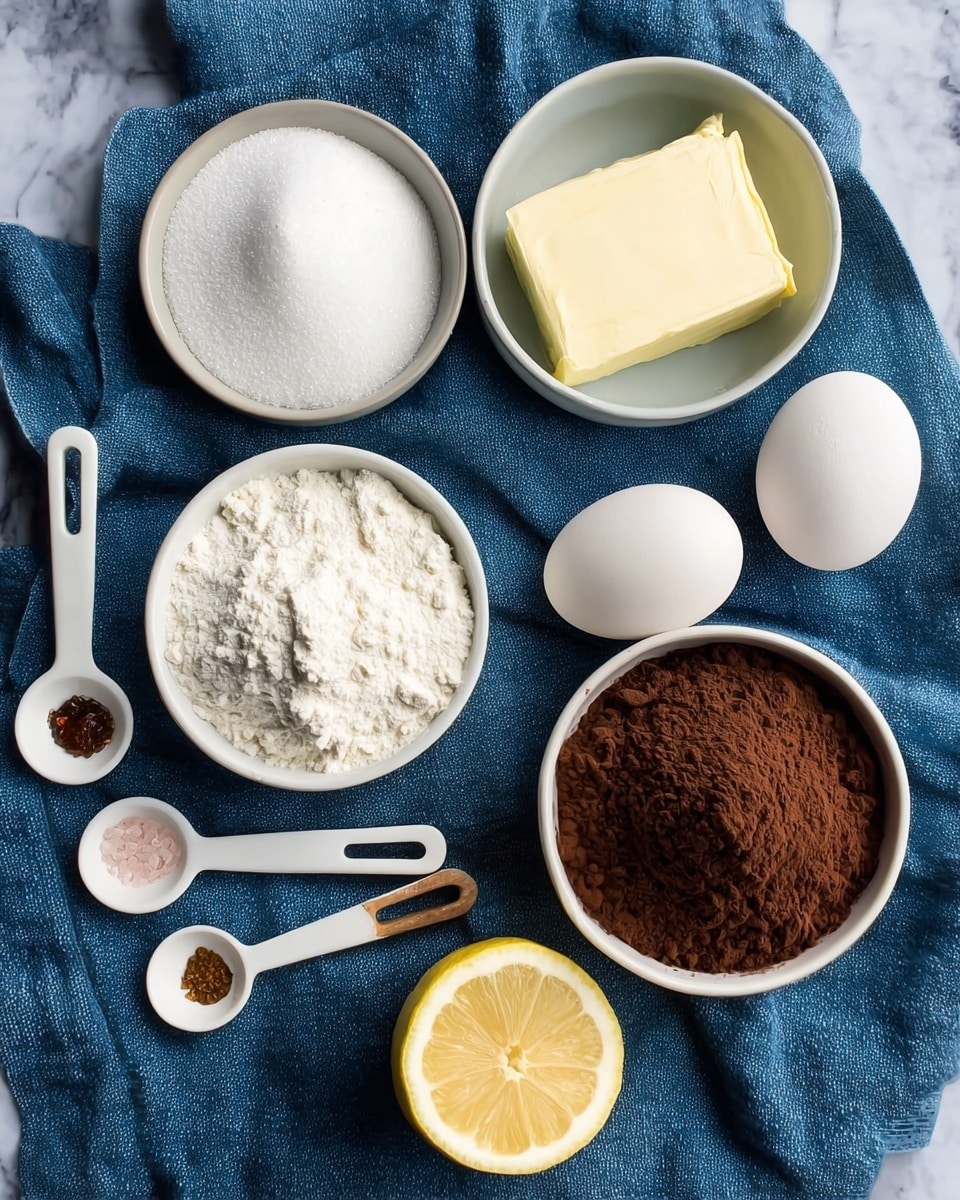 The image shows a flat lay of several white bowls and white measuring spoons arranged on a dark blue textured cloth over a white marbled surface. There are seven distinct items: a bowl with a solid block of butter with a creamy texture in the top right, a bowl filled with white granulated sugar at the top left, a bowl of white liquid (likely milk) in the center, a bowl of fine white flour at the middle right, a bowl filled with rich brown cocoa powder at the bottom right, one whole white egg placed below the milk bowl, half a lemon with a bright yellow color and visible seeds below the egg, and three white measuring spoons with light brown wooden handles lined up vertically on the left side containing dark vanilla extract, pink salt crystals, and white baking soda powder from top to bottom. Photo taken with an iphone --ar 4:5 --v 7