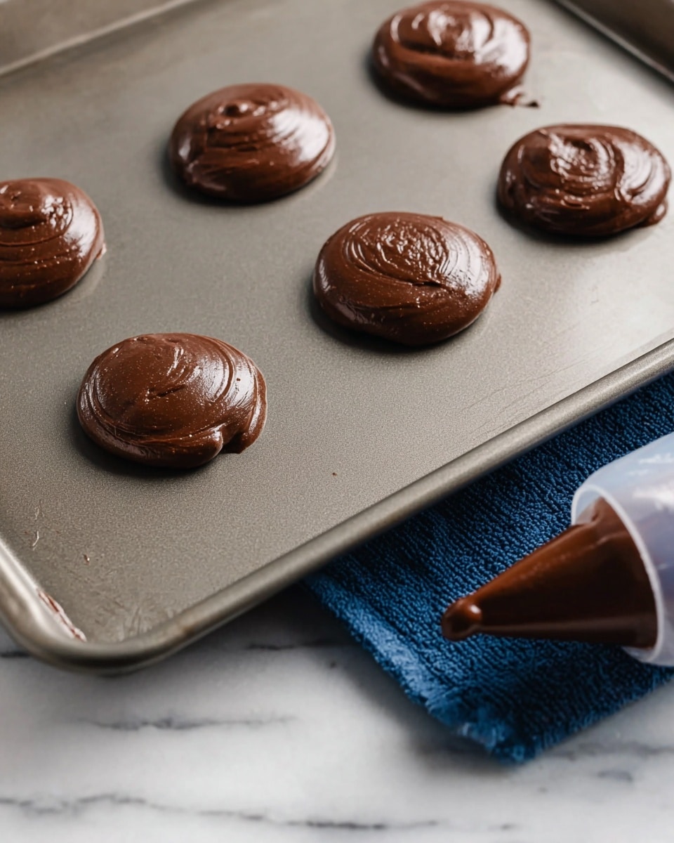 The image shows a close-up of a gray baking tray with seven small, round dollops of smooth, dark brown chocolate batter evenly spaced on it. The dollops are glossy on top and have a slightly raised texture, looking soft and fresh. In the bottom right corner, there is a clear piping bag filled with the same chocolate batter resting on a dark blue cloth, the piping tip pointing toward the tray. The tray sits on a white marbled surface. photo taken with an iphone --ar 4:5 --v 7