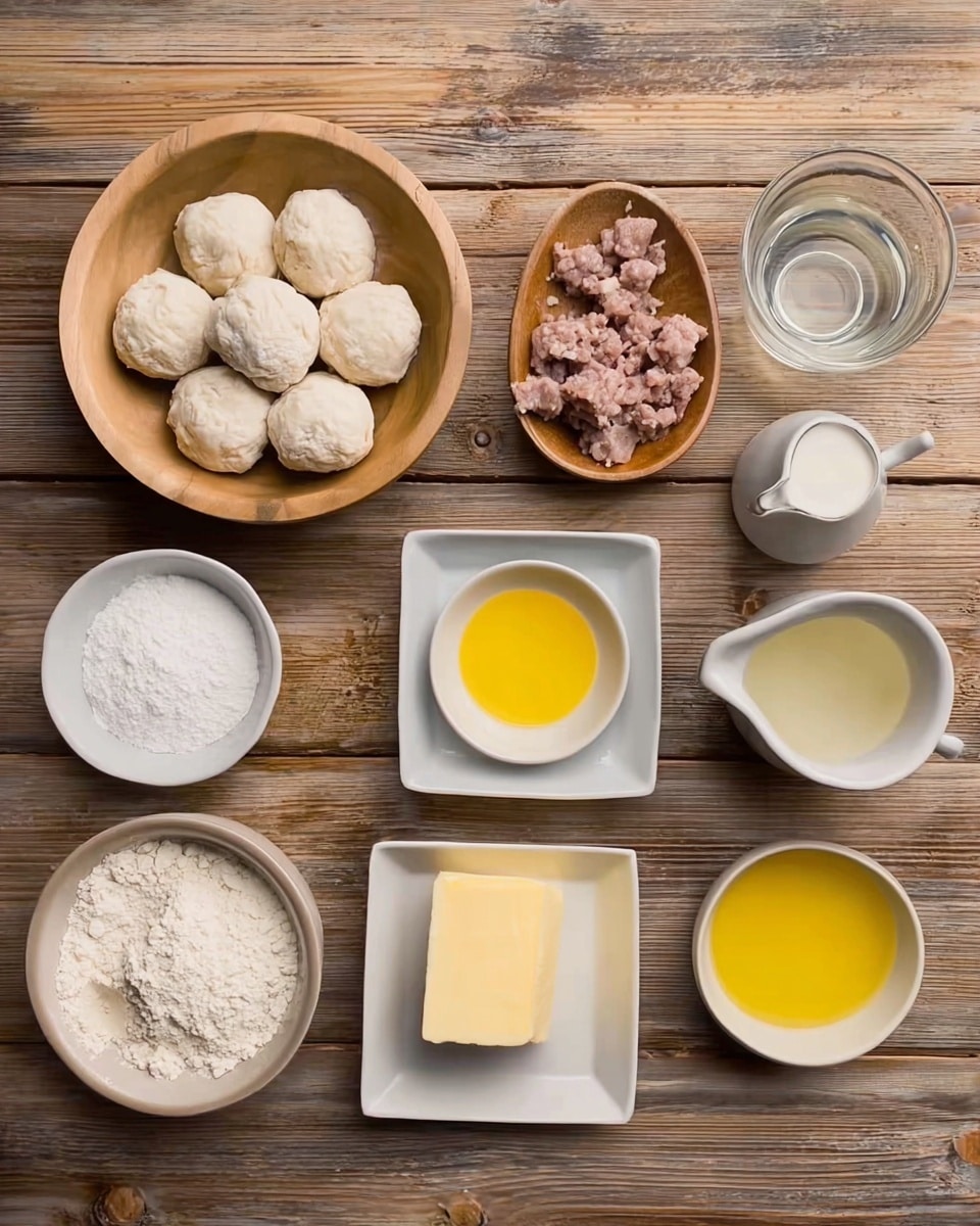 The image shows several small white dishes and bowls arranged on a wooden surface, holding different ingredients for cooking. In the bottom left, there is a wooden bowl with white dough balls. Above it, a wooden bowl holds small pieces of cooked meat. Moving right from the dough, there are small white square and round bowls containing yellow liquid, a block of pale yellow butter, and some powdery white flour. A small white pitcher contains a white liquid, and a clear glass holds water. The colors include beige, yellow, white, and light brown, all placed neatly against the wooden texture. photo taken with an iphone --ar 4:5 --v 7