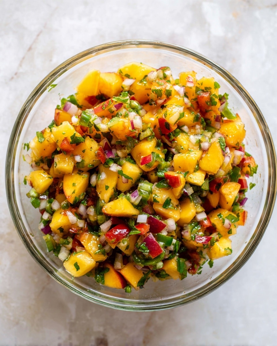 A clear glass bowl filled with a colorful salsa mixture sits on a white marbled surface. The salsa has small diced pieces of yellow and orange peaches, red bell peppers, finely chopped white onions, green jalapeños, and bright green cilantro leaves evenly mixed together. The ingredients create a vibrant, textured look with a mix of juicy, slightly shiny fruit pieces and fresh, crisp vegetable bits. photo taken with an iphone --ar 4:5 --v 7