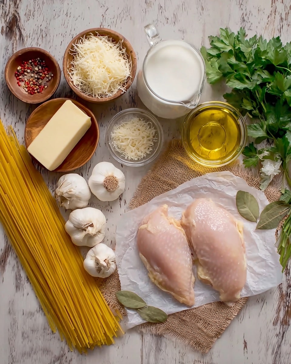 The image shows ingredients for a meal arranged neatly on a wooden surface. On the right side, there are two light pink raw chicken pieces on white parchment paper placed on a piece of burlap. Around the chicken, there are three white garlic bulbs and two small glass containers: one with a golden-yellow liquid (oil) and one with white grated cheese and small bay leaves. On the left side, there is a bundle of uncooked yellow spaghetti pasta beside a small bowl of white grated cheese, a rectangular dish with pale yellow butter, a wooden bowl filled with red pepper flakes and salt, a bunch of green parsley leaves, and a small glass pitcher of white cream. The background texture is a white marbled surface. photo taken with an iphone --ar 4:5 --v 7