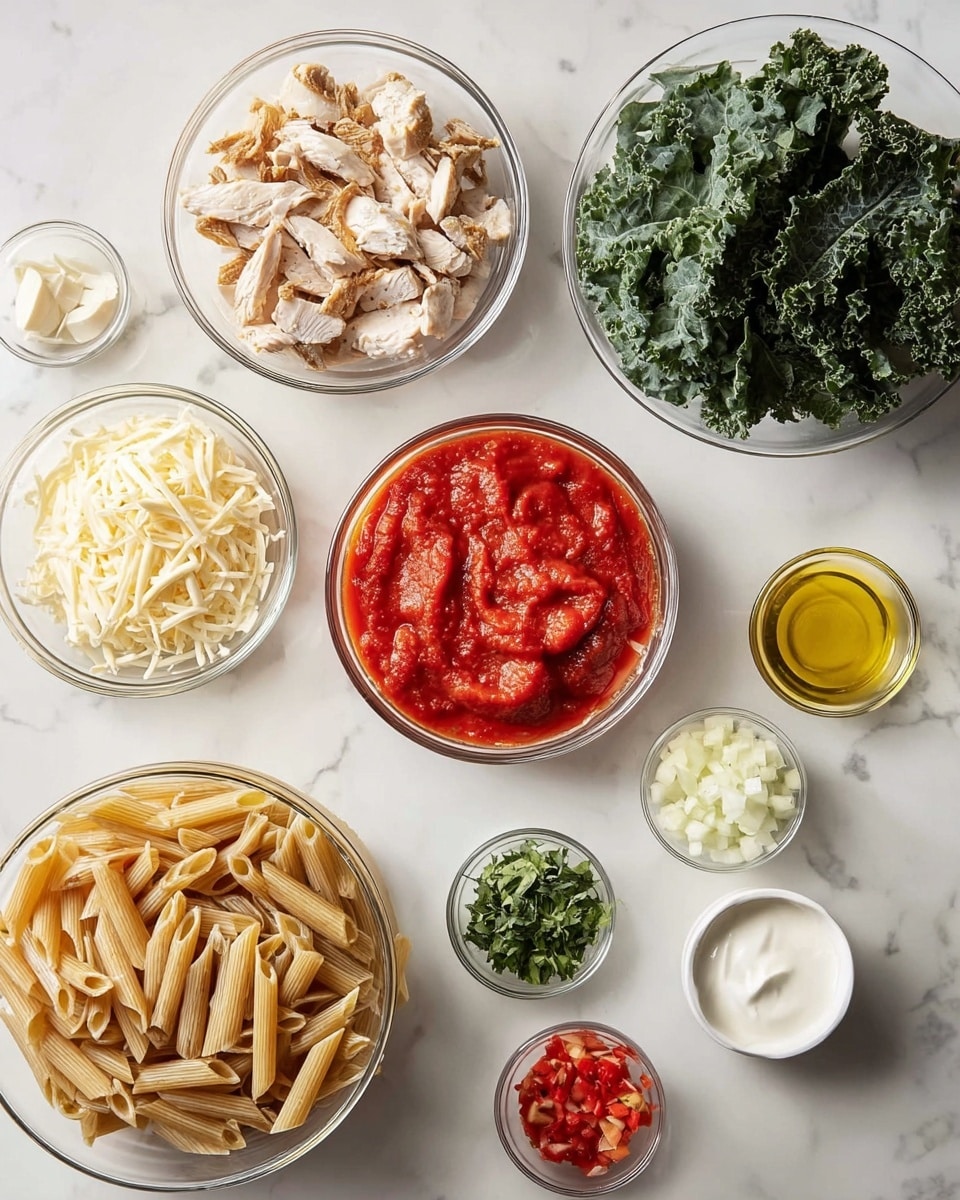 A top view of various ingredients placed separately in clear glass bowls on a white marbled surface: chunks of cooked light brown chicken in the upper left, a bright red tomato sauce in the center, shredded pale yellow cheese near the bottom, uncooked light brown penne pasta in the lower right, and fresh dark green kale leaves in the upper right. Smaller bowls scattered around include finely chopped white onion, minced light yellow garlic, chopped green herbs, small red pepper pieces, a dollop of white cream, golden olive oil, and a pinch of white salt. Photo taken with an iphone --ar 4:5 --v 7