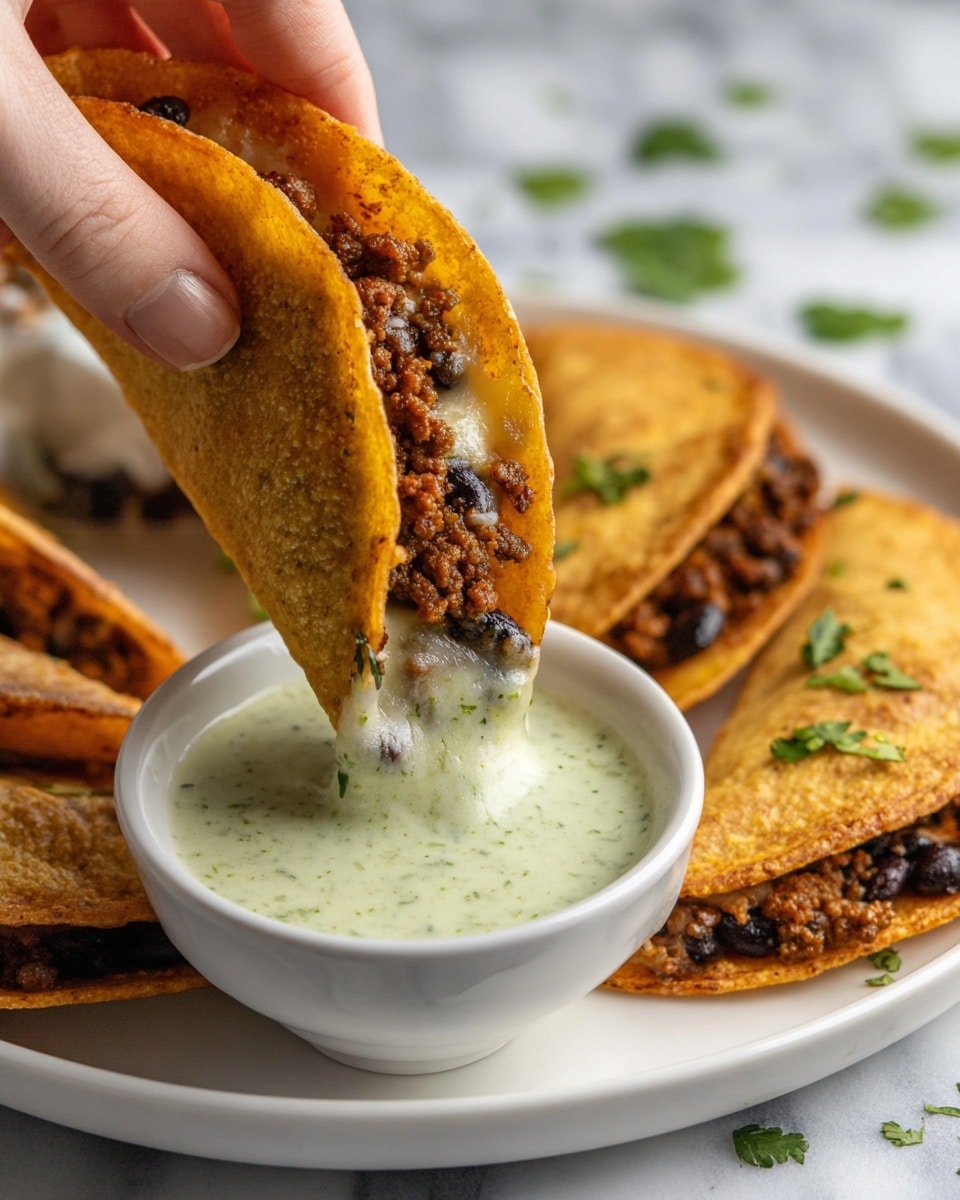 A close-up image shows a woman's hand holding a golden-brown folded taco filled with a layer of cooked ground meat mixed with black beans and melted cheese on top. The taco is being dipped into a small white bowl filled with a creamy light green sauce with visible herbs. On the white plate beneath, there are more folded tacos with the same filling. The background surface is a white marbled texture with some small cilantro leaves scattered around. Photo taken with an iphone --ar 4:5 --v 7