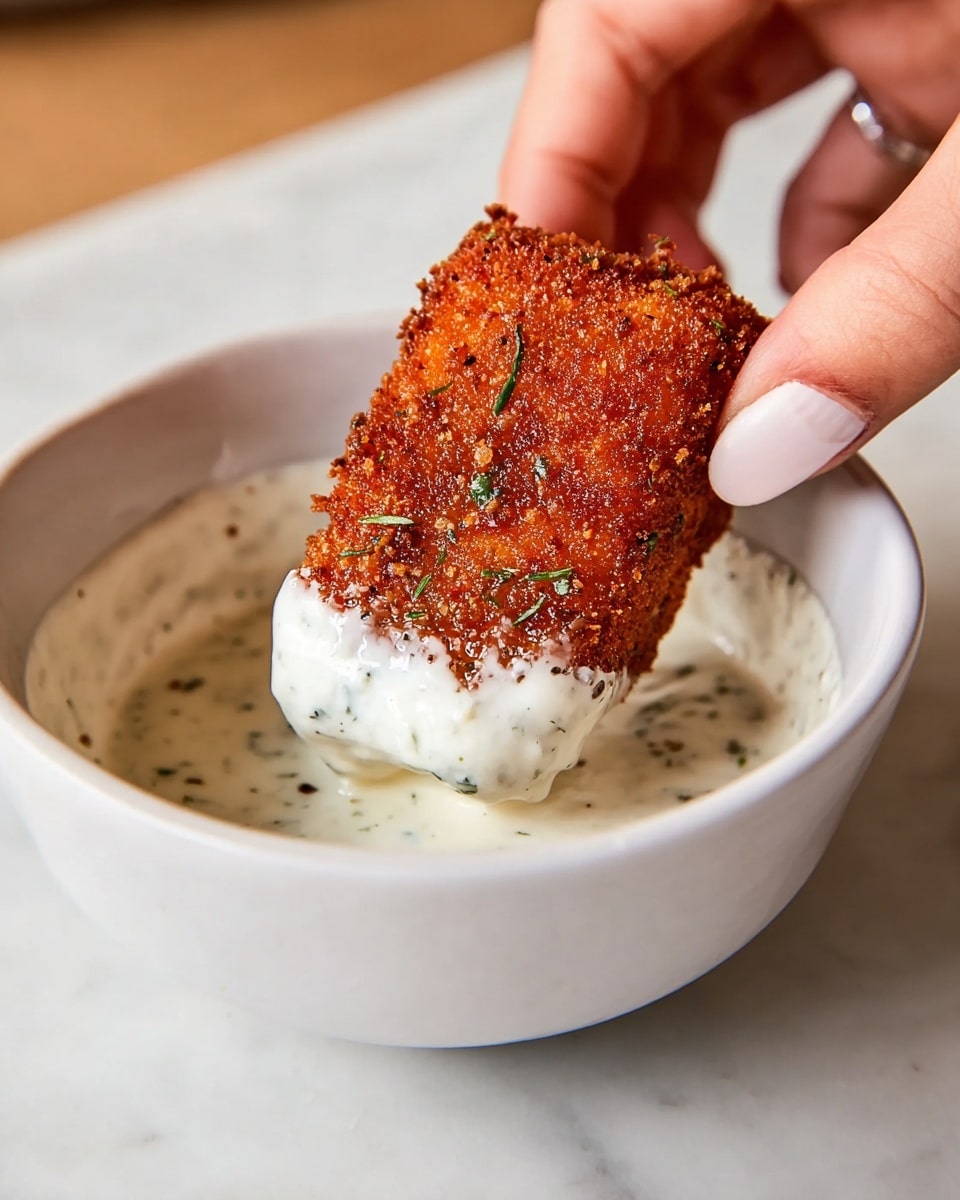 A close-up image shows a woman's hand holding a rectangular crispy, reddish-brown piece of fried food, partially dipped into a thick, creamy white sauce with green herb flecks in a white bowl. The fried piece has a rough texture with visible seasoning, and the sauce clings to its lower half. The bowl rests on a white marbled surface, with the background softly blurred. photo taken with an iphone --ar 4:5 --v 7