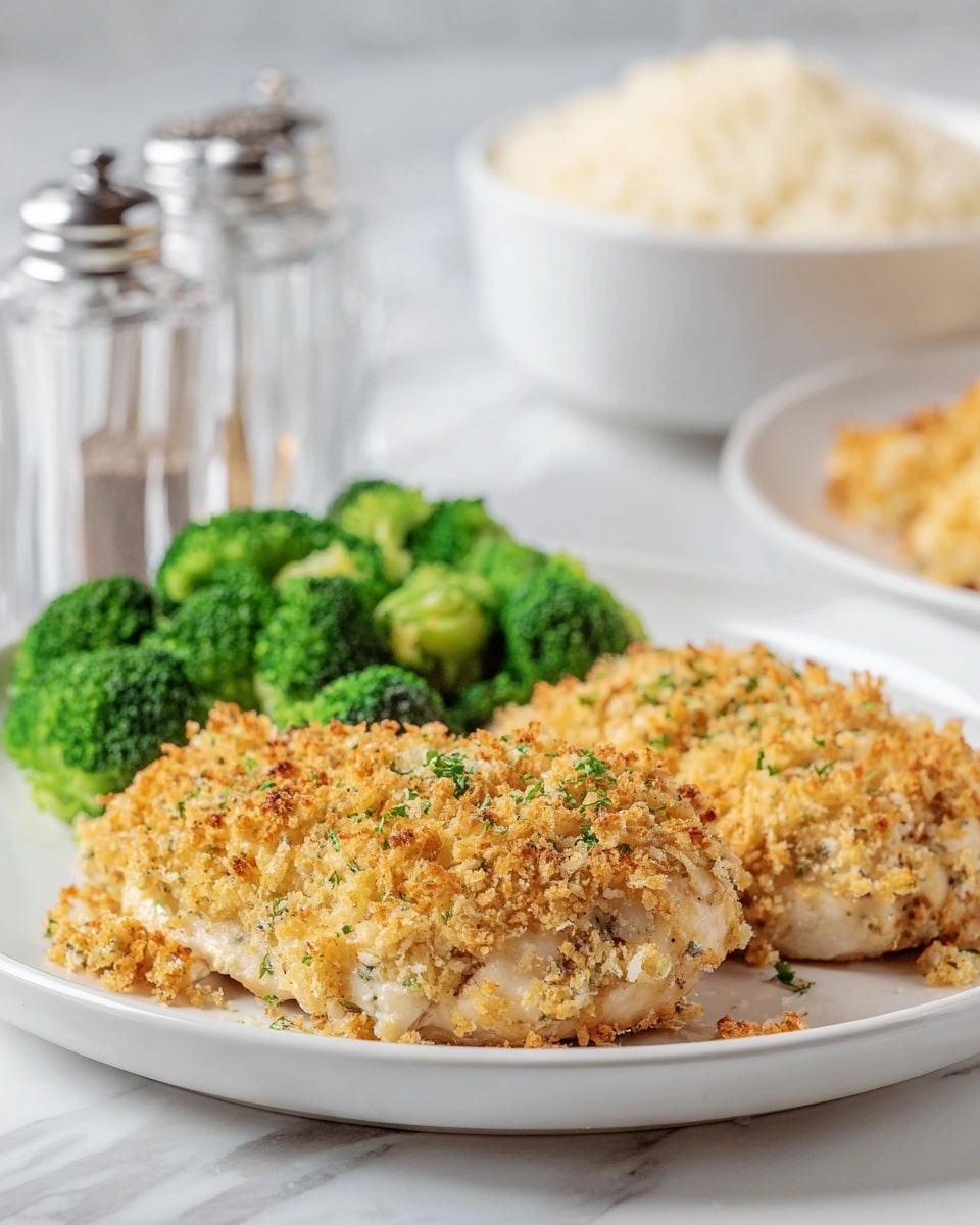 The dish shows a white plate with two pieces of breaded chicken at the front, each topped with a golden-brown crispy crumb layer mixed with small green herbs, giving a crunchy texture. Behind the chicken, there is a small side of bright green steamed broccoli florets with a fresh, slightly shiny look. In the background, a glass salt and pepper shaker set and another white bowl filled with white rice are slightly blurred. Everything sits on a white marbled surface. photo taken with an iphone --ar 4:5 --v 7