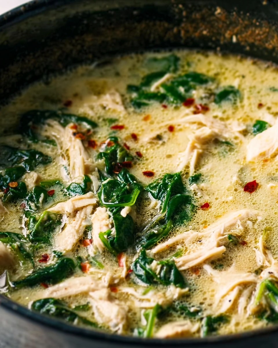 The image shows a close-up of a creamy soup with shredded light beige chicken and vibrant dark green spinach leaves mixed throughout. The creamy broth is pale yellow with small splashes of red chili flakes scattered around. The soup has a slightly frothy texture on the surface, appearing thick and rich. The ingredients are swirling gently inside a dark pot with a slightly textured inside edge. The photo is set on a white marbled surface. photo taken with an iphone --ar 4:5 --v 7