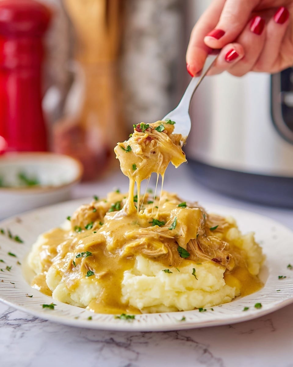 A white plate holds a base layer of soft, creamy white mashed potatoes with a slightly grainy texture. On top, a thick, mustard-yellow gravy thickly coats shredded pieces of tender, light-colored meat, garnished with small bits of green herbs scattered across the dish to add a touch of color. A woman's hand holds a fork lifting a portion of the saucy meat above the plate, showing the grains of the meat and the creamy sauce dripping slightly. The background features a white marbled surface with blurred kitchen items, creating a warm and homely atmosphere. photo taken with an iphone --ar 4:5 --v 7
