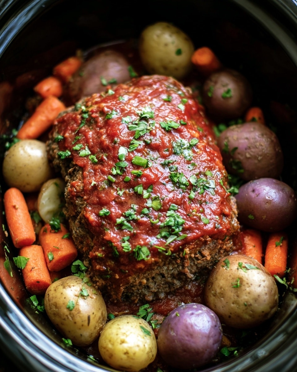 The image shows a large meatloaf in the center, covered with a red sauce and small bits of green herbs on top. Surrounding the meatloaf are several whole brown and light purple potatoes mixed with bright orange baby carrots. The food is inside a dark slow cooker pot that contrasts with the bright colors of the vegetables and meat. Small green chopped herbs are scattered over the meat and vegetables, adding fresh color. The overall scene feels warm and hearty, with the food looking tender and well cooked. photo taken with an iphone --ar 4:5 --v 7