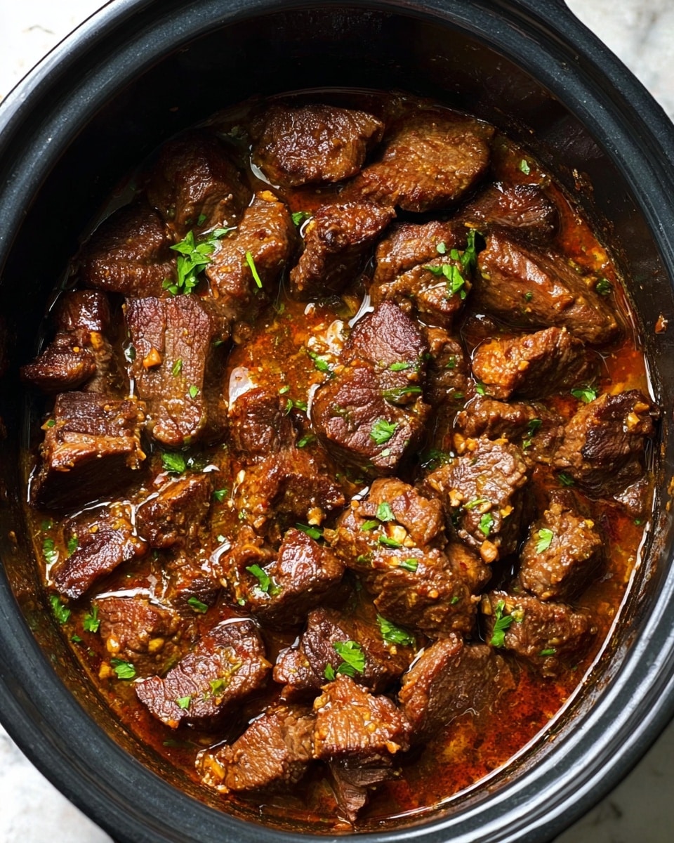 The image shows a close-up of a black cooking pot filled with browned beef chunks in a thick brown sauce. The meat pieces are in one layer, showing a rich, cooked texture with some crispy edges. Small green herb pieces are scattered on top, adding a fresh contrast to the deep brown colors of the beef and sauce. The glossy sauce surrounds the meat, pooling slightly around the edges, giving the dish a warm and hearty look. The pot rests on a white marbled textured surface. photo taken with an iphone --ar 4:5 --v 7