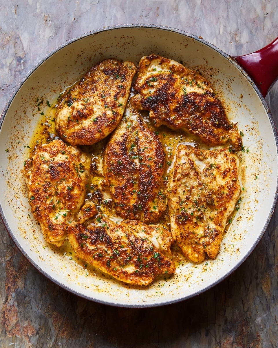 A white pan filled with six pieces of cooked chicken coated in a golden brown seasoning, with a crispy and slightly charred texture on the surface. The chicken pieces are arranged closely, showing a mix of light white and rich golden brown colors with visible specks of herbs and spices. The pan has a long dark red handle, and the background is a white marbled texture. photo taken with an iphone --ar 4:5 --v 7