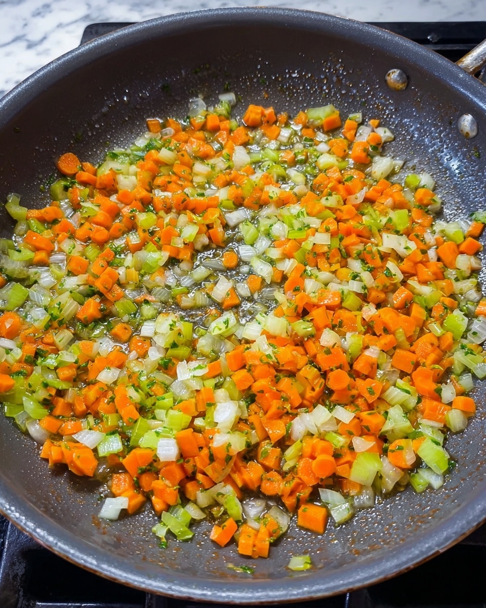 A close-up view shows a dark gray frying pan filled with finely chopped orange carrots, light green celery, and white onions cooking in bubbling oil. The vegetables form a colorful and even layer spread across the pan, showing a mix of small square pieces with some softness on the onions. The pan sits on a stove top, and the background is white marbled texture. Photo taken with an iphone --ar 4:5 --v 7