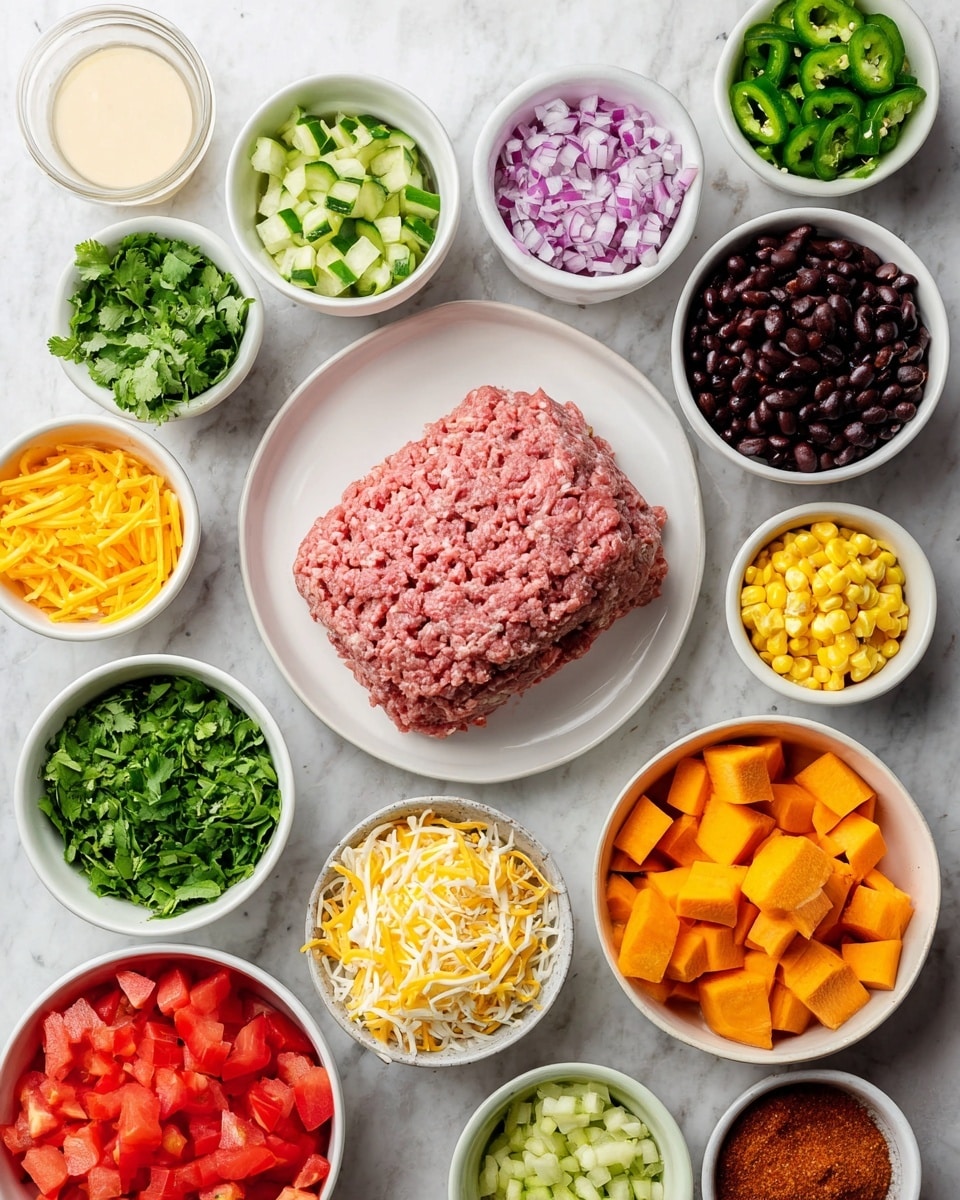 The image shows twelve small white bowls and plates arranged on a white marbled surface, each holding different ingredients. In the center, there is a white plate with a large block of raw ground meat, pink in color and textured with fine lines. Surrounding it are bowls with finely chopped purple onions, fresh green chopped cilantro, red diced tomatoes, black beans, bright yellow corn kernels, orange cubed sweet potatoes, chopped green zucchini, shredded yellow and white cheese, a reddish spice powder, minced pale yellow garlic, and sliced green jalapeño peppers. There is also a bowl with red diced tomatoes at the bottom left and a bowl with a pale creamy liquid near the top left. The bowls vary in size but are all white, with the ingredients showing vivid and fresh colors. Photo taken with an iphone --ar 4:5 --v 7