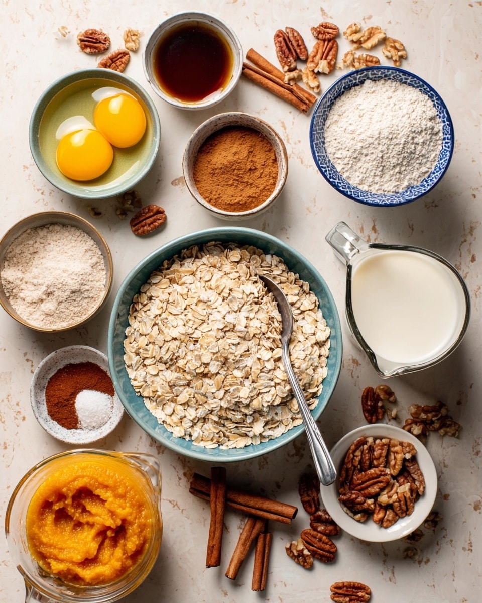 A top-down view shows a group of ingredients placed on a white marbled surface. In the center, a large bowl holds light beige rolled oats with a silver spoon resting inside. Around it, there are small bowls and cups with different ingredients: two raw eggs with bright yellow yolks in a bowl to the left, dark maple syrup in a bowl above that, a small bowl with orange-brown cinnamon powder on the top right, and a blue and white bowl with baking soda near it. To the right, a white pitcher holds milk, and a clear measuring cup with smooth orange pumpkin puree is below it. There is melted butter in a glass measuring cup at the lower left, a small bowl with light salt in the middle, and a cup with dark vanilla extract at the bottom. Scattered around are whole and chopped pecans and cinnamon sticks, adding a touch of brown and warm colors. photo taken with an iphone --ar 4:5 --v 7